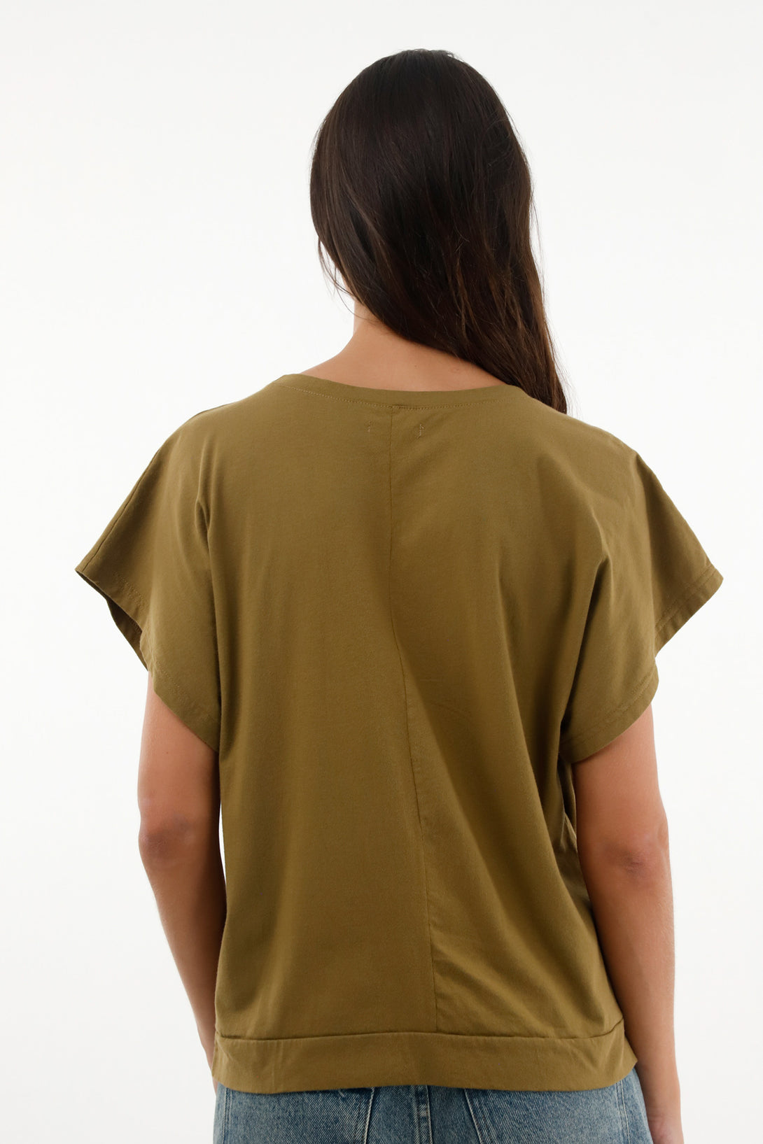 Camiseta verde en 100% algodón con recogido en frente para mujer