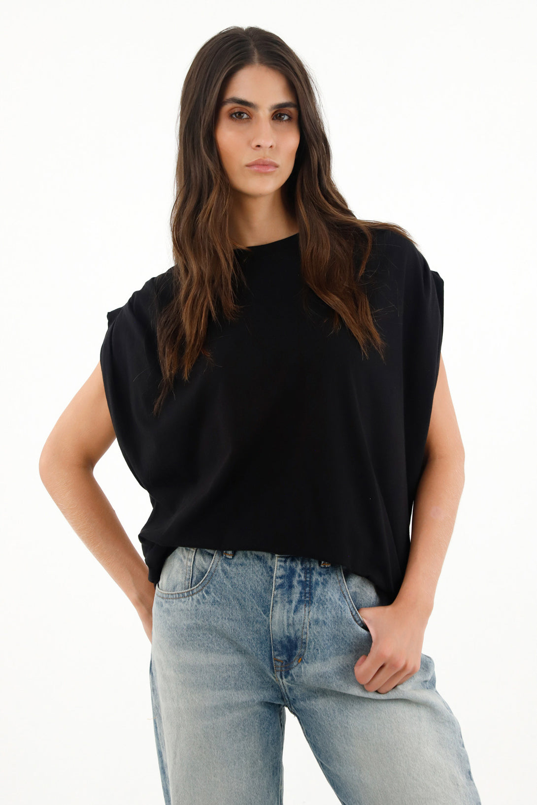 Women's black shoulder pleat t-shirt