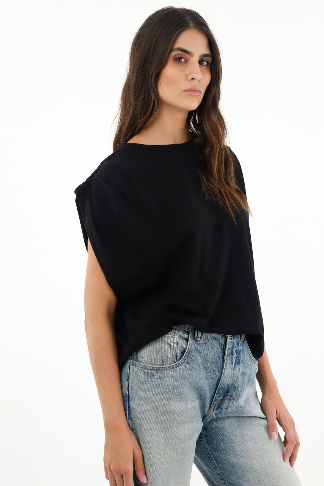 Women's black shoulder pleat t-shirt