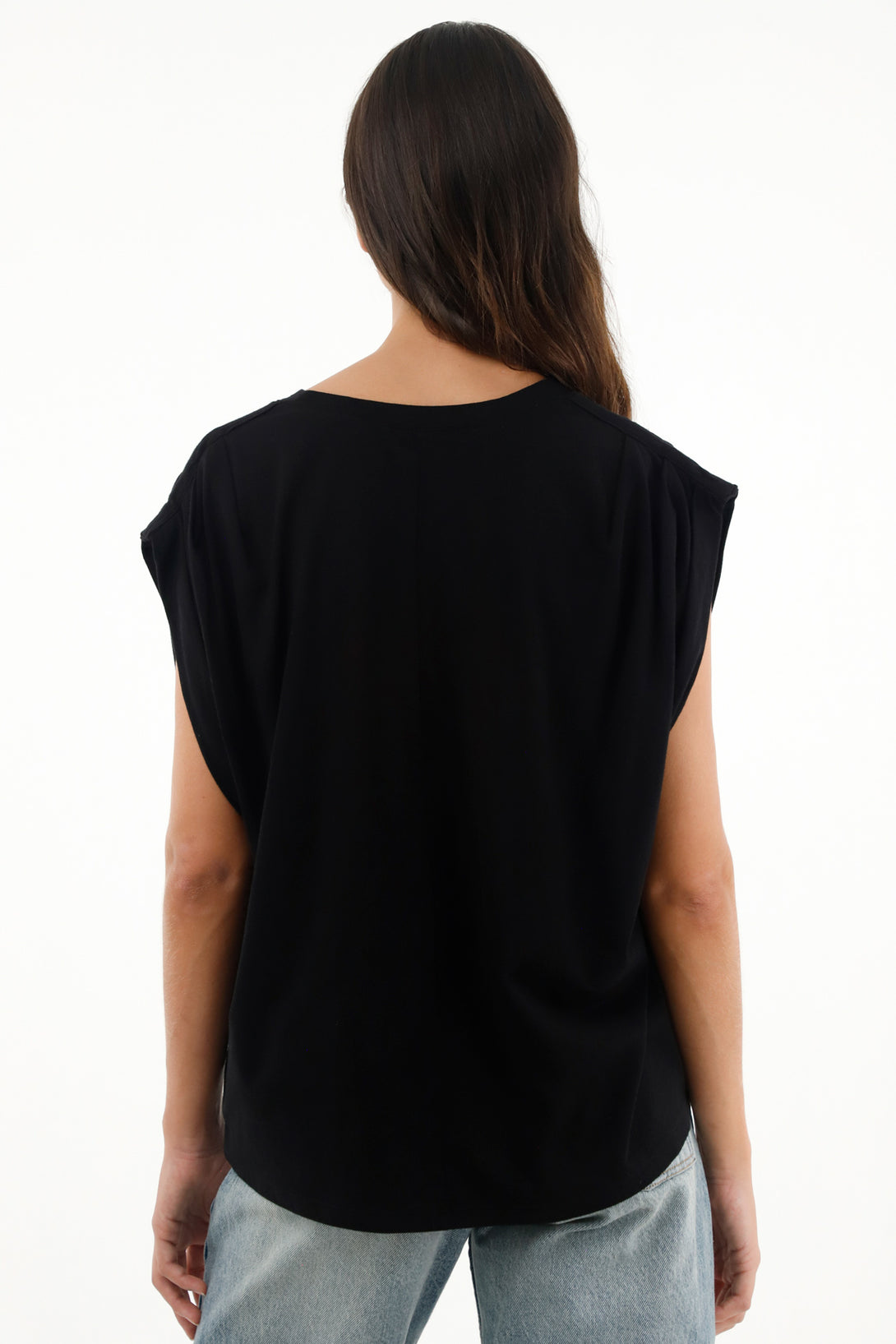 Women's black shoulder pleat t-shirt