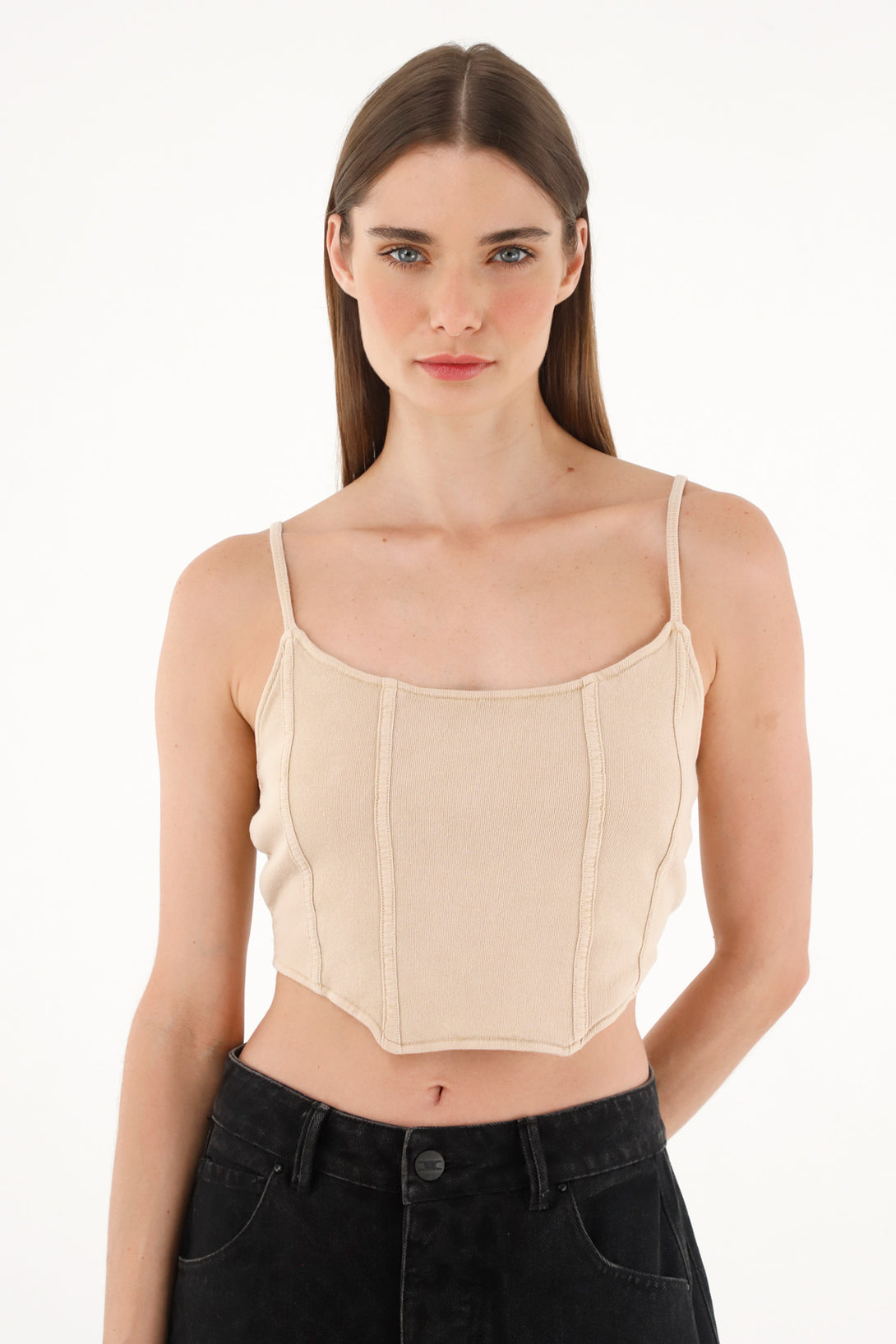 Women's cropped ribbed cream t-shirt