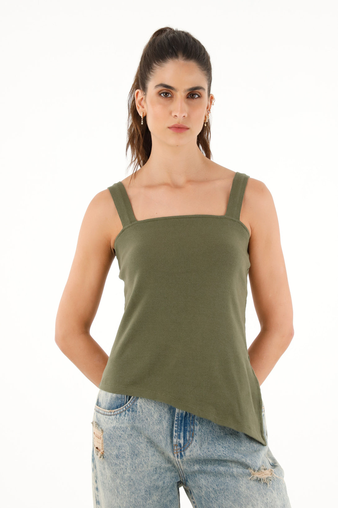 Camiseta en rib de escote recto verde para mujer