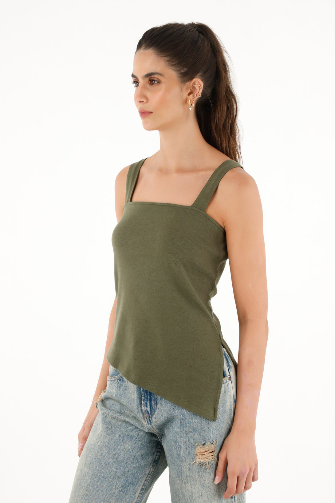 Camiseta en rib de escote recto verde para mujer