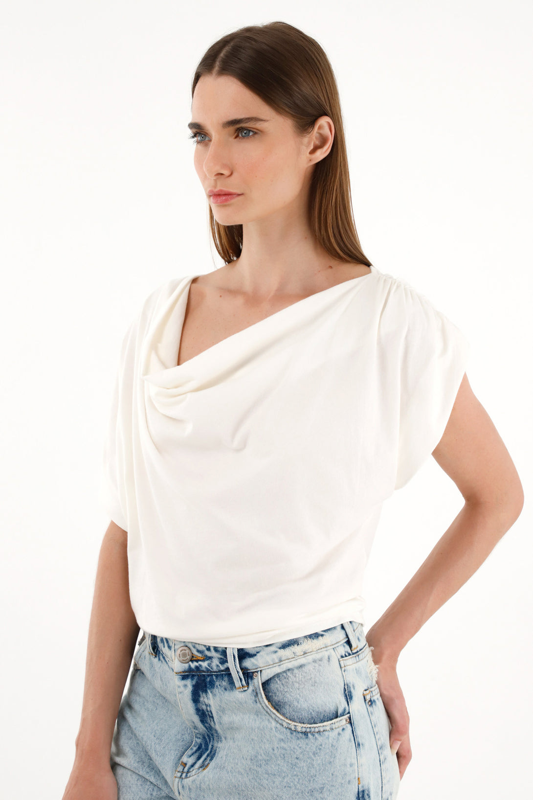 Women's raw draped neck t-shirt