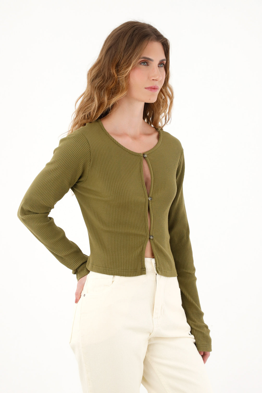 Women's green button-up crop top