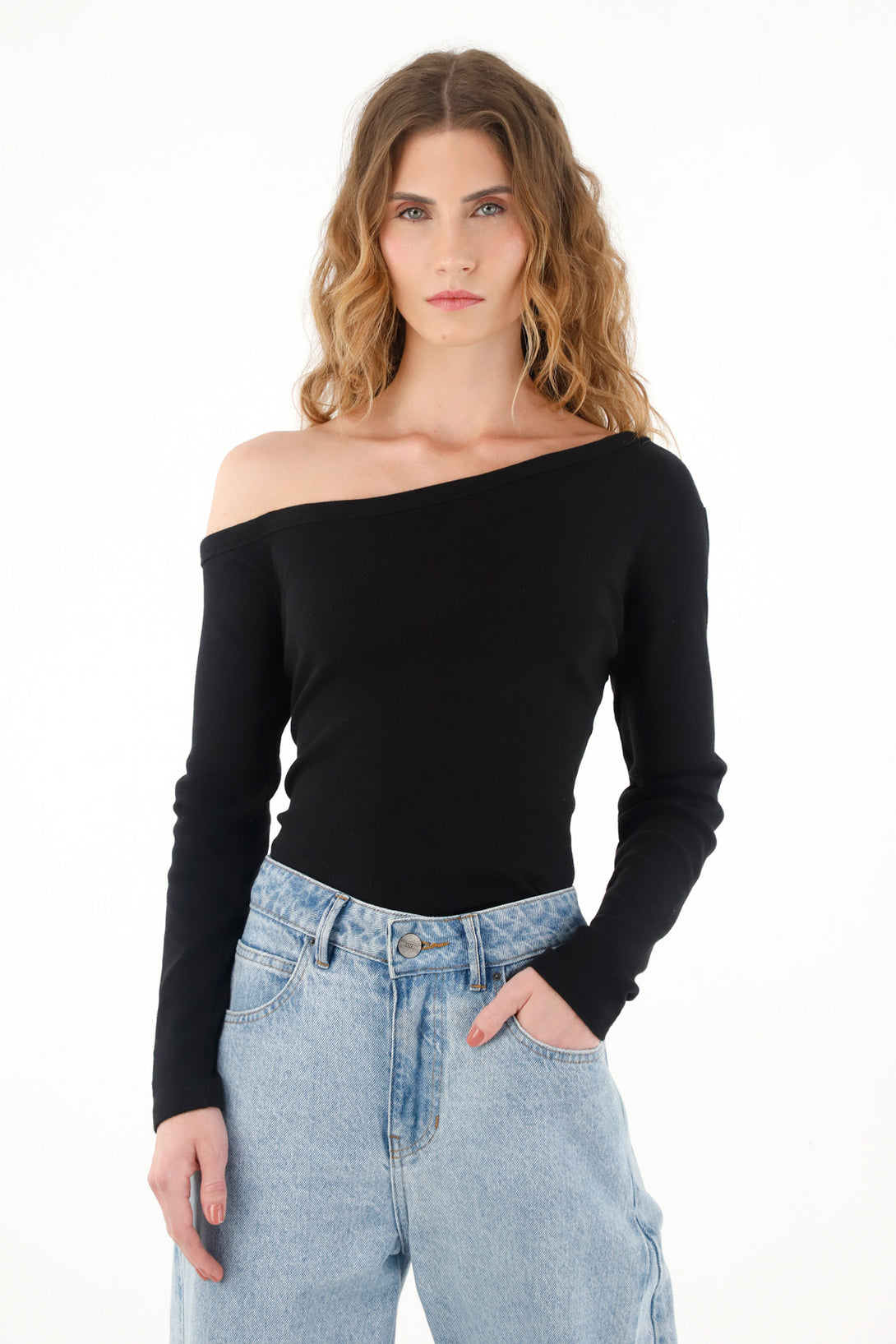 Women's Black Asymmetrical Neckline Tee