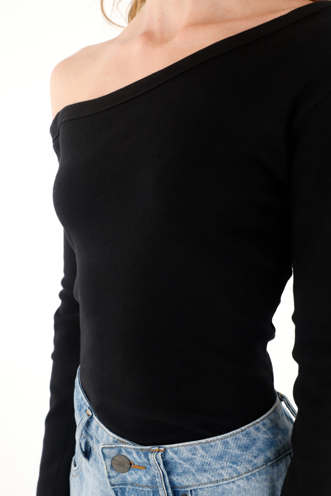 Women's Black Asymmetrical Neckline Tee