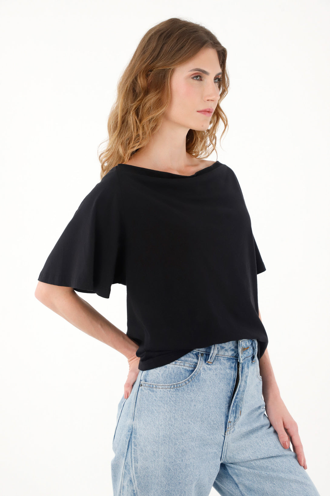 Women's black draped neckline shirt