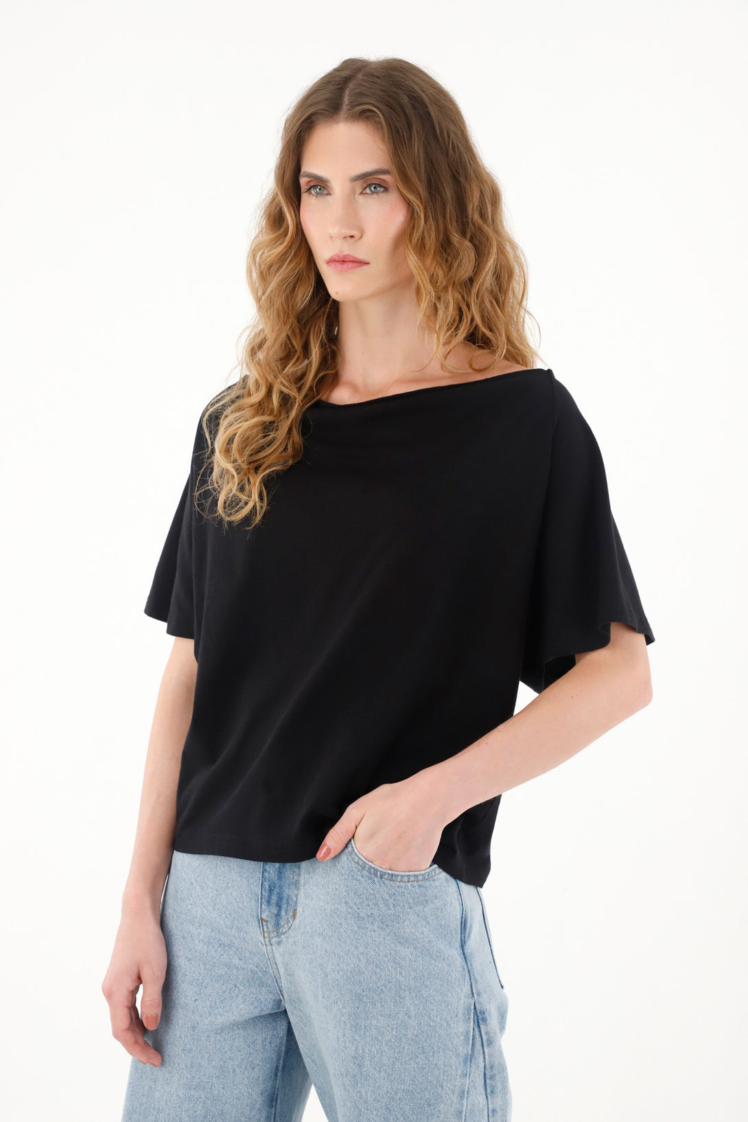 Women's black draped neckline shirt