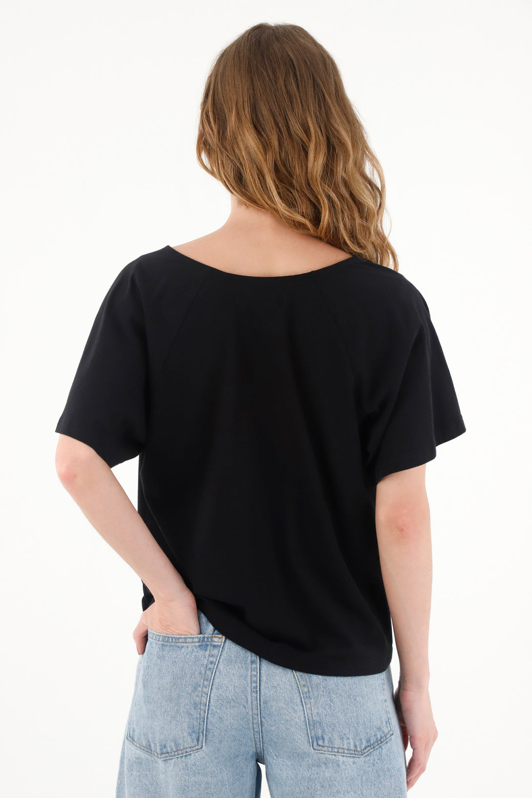 Women's black draped neckline shirt