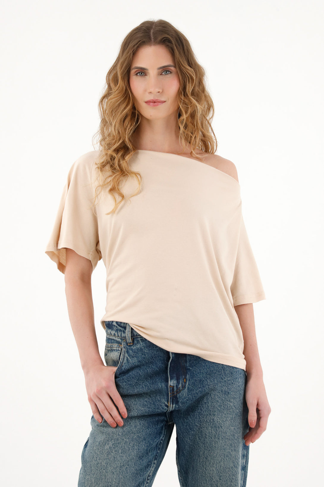 Women's cream draped neckline t-shirt