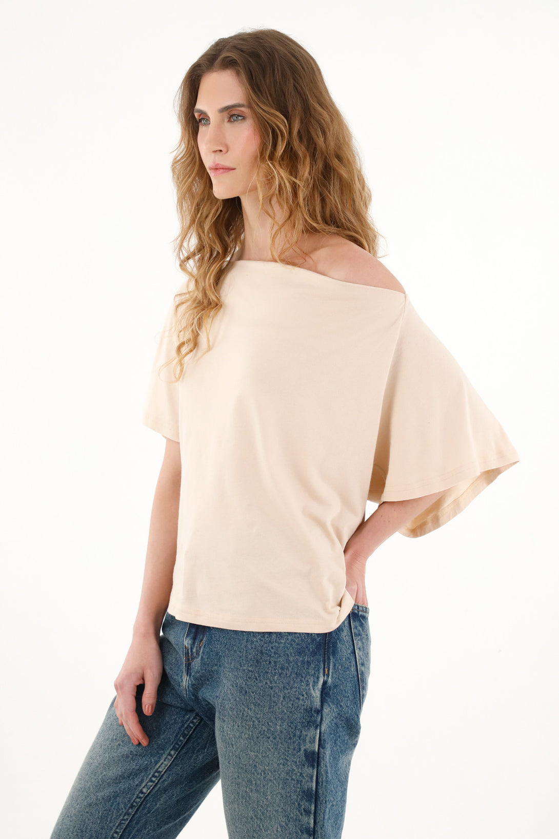 Women's cream draped neckline t-shirt