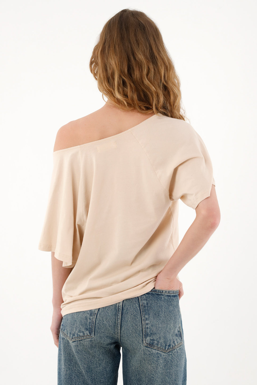 Women's cream draped neckline t-shirt