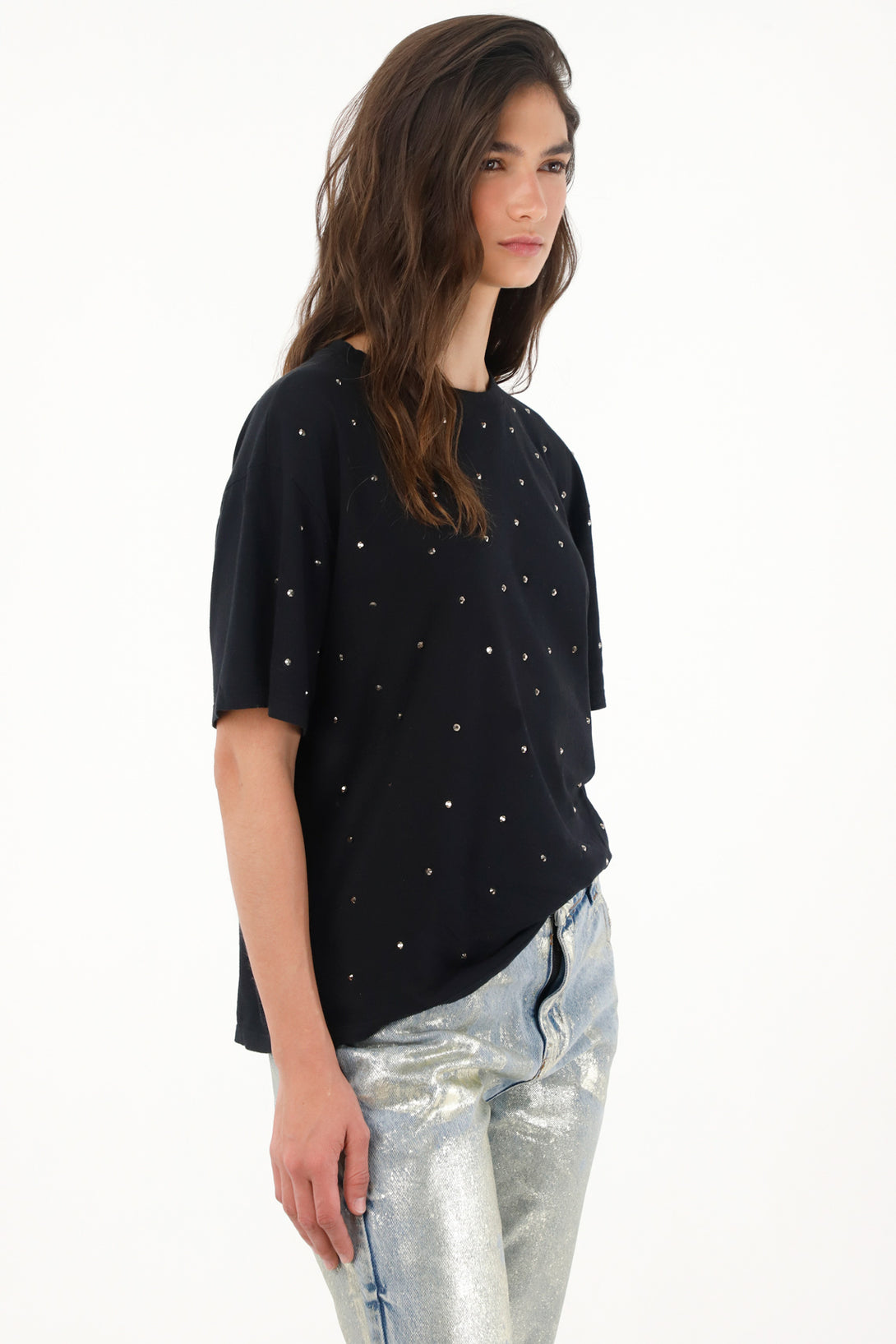 Women's black t-shirt with decorative appliquÃ©s