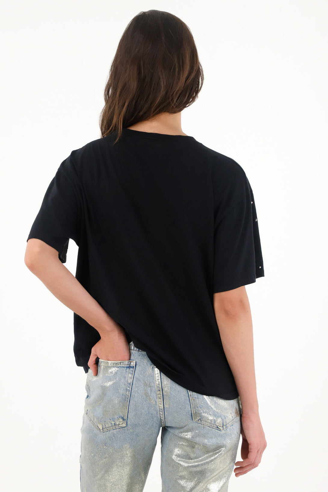 Women's black t-shirt with decorative appliquÃ©s