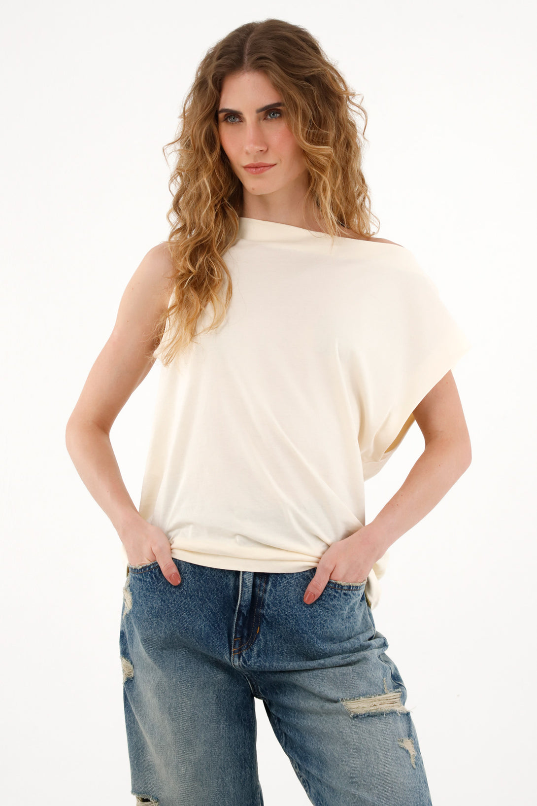 Women's Asymmetric Sleeveless Cream T-Shirt