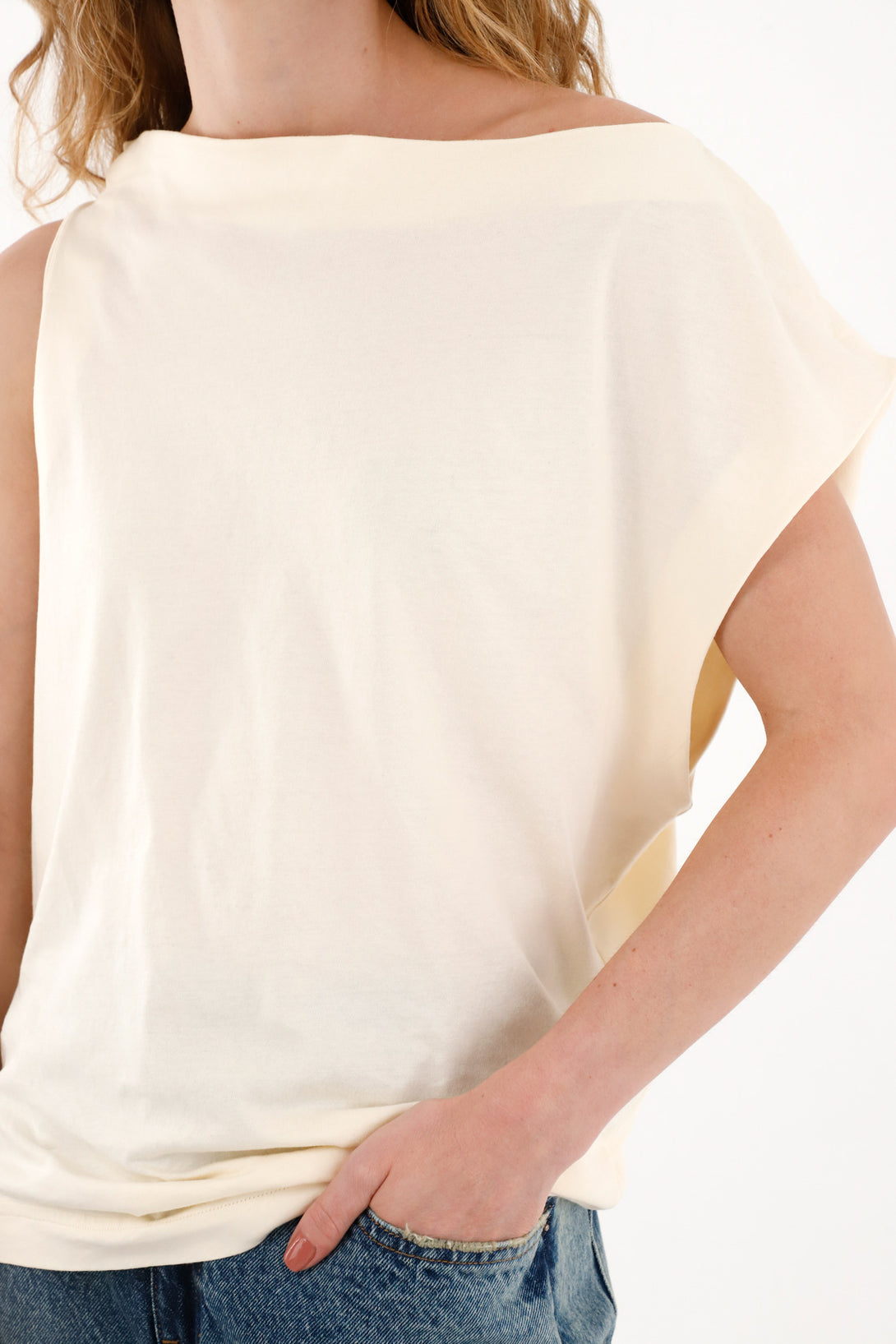 Women's Asymmetric Sleeveless Cream T-Shirt