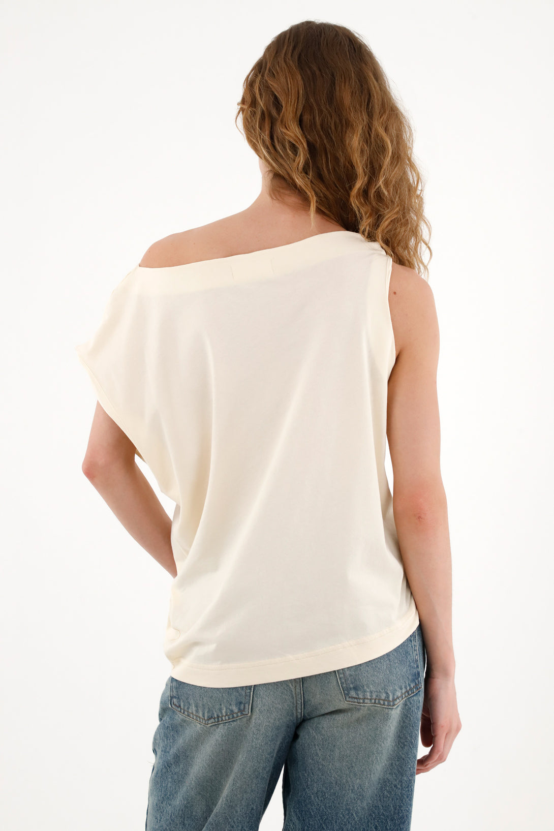 Women's Asymmetric Sleeveless Cream T-Shirt