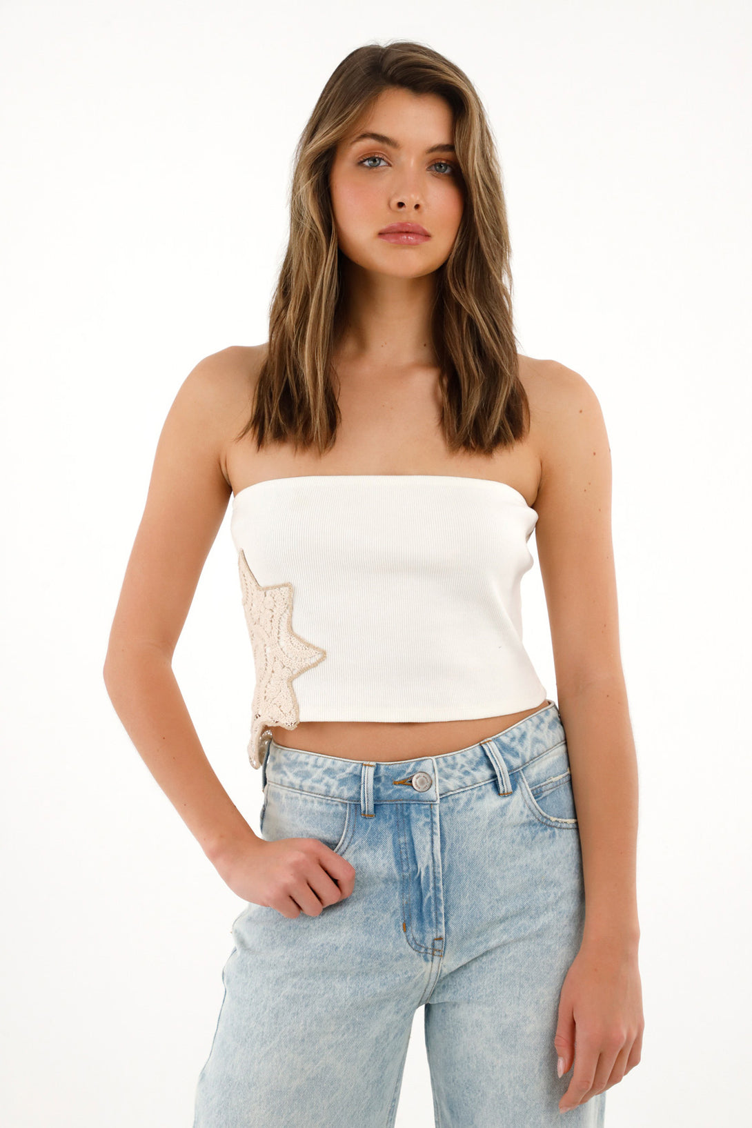 Women's Strapless Cream T-Shirt with AppliquÃ©