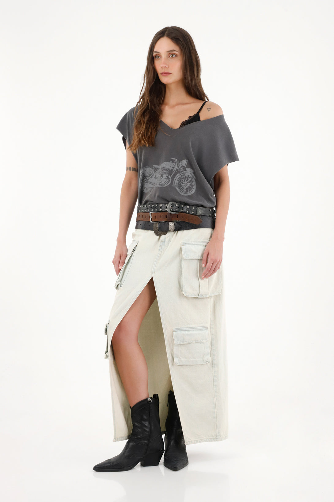 Women's oversized gray motorcycle print t-shirt