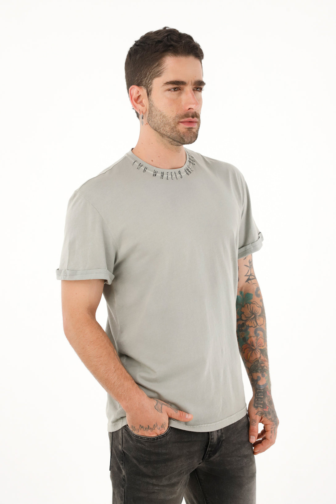 Men's gray t-shirt with print on the neckline