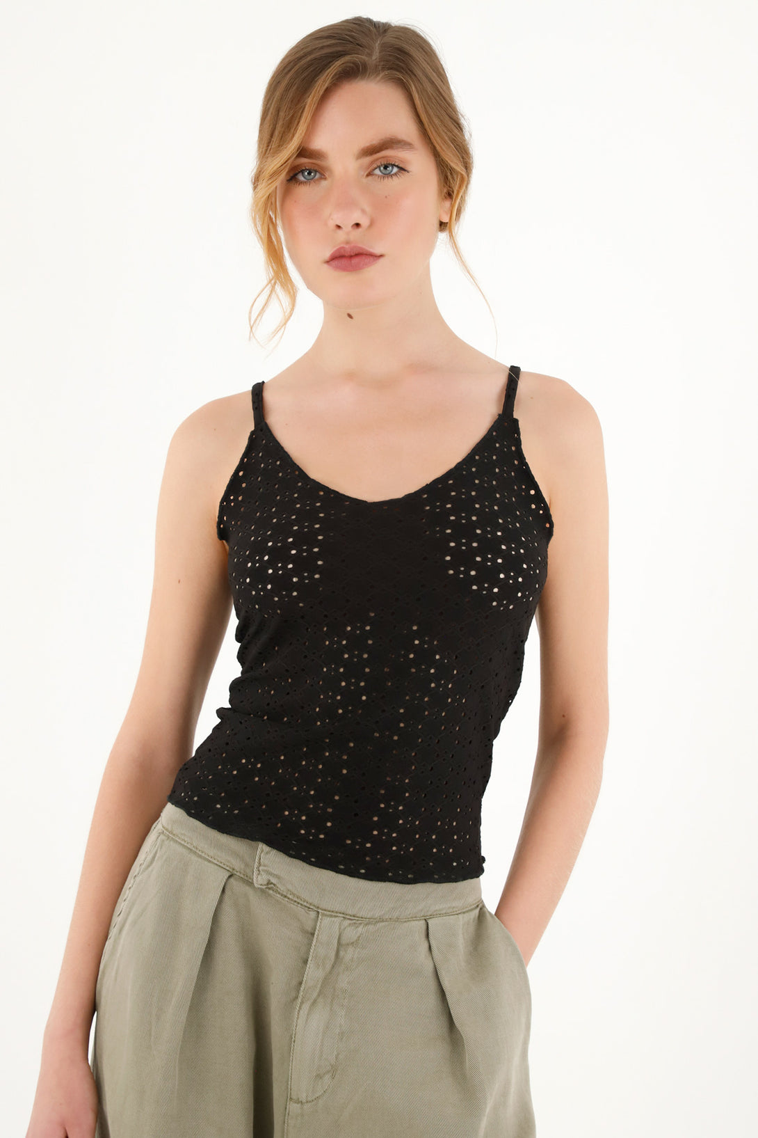 Women's black eyelet fabric t-shirt