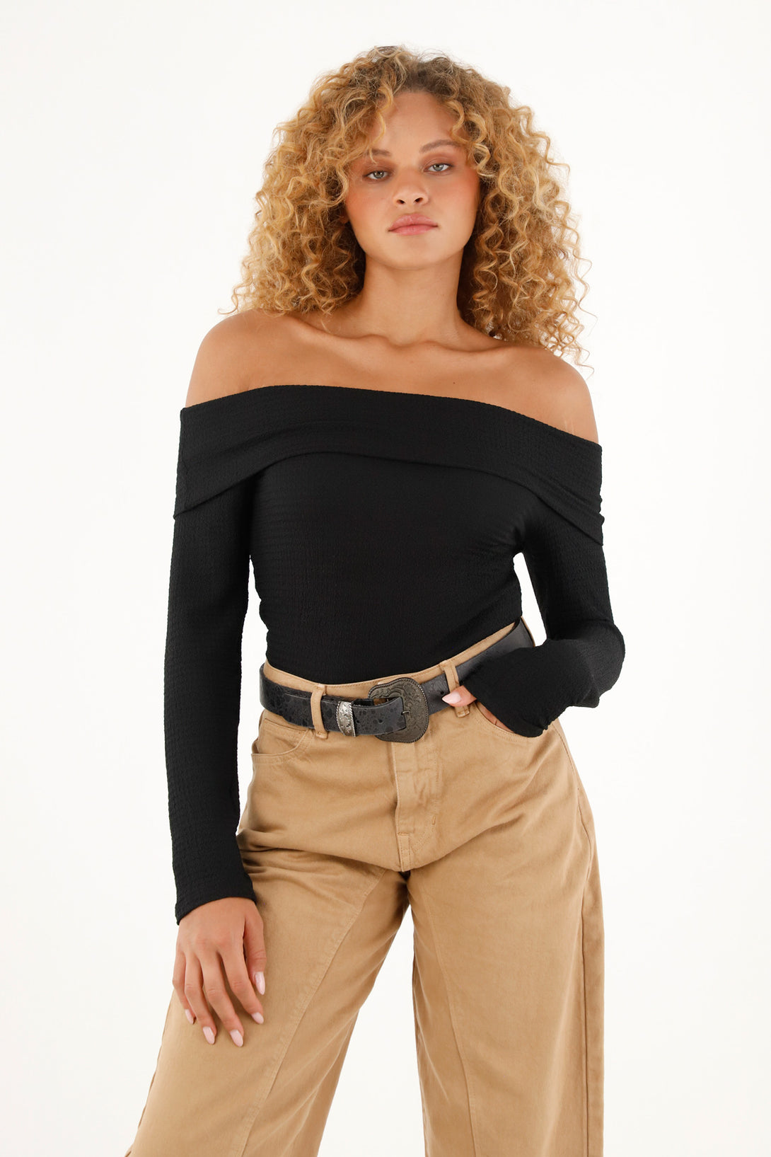 Women's black tray neck t-shirt