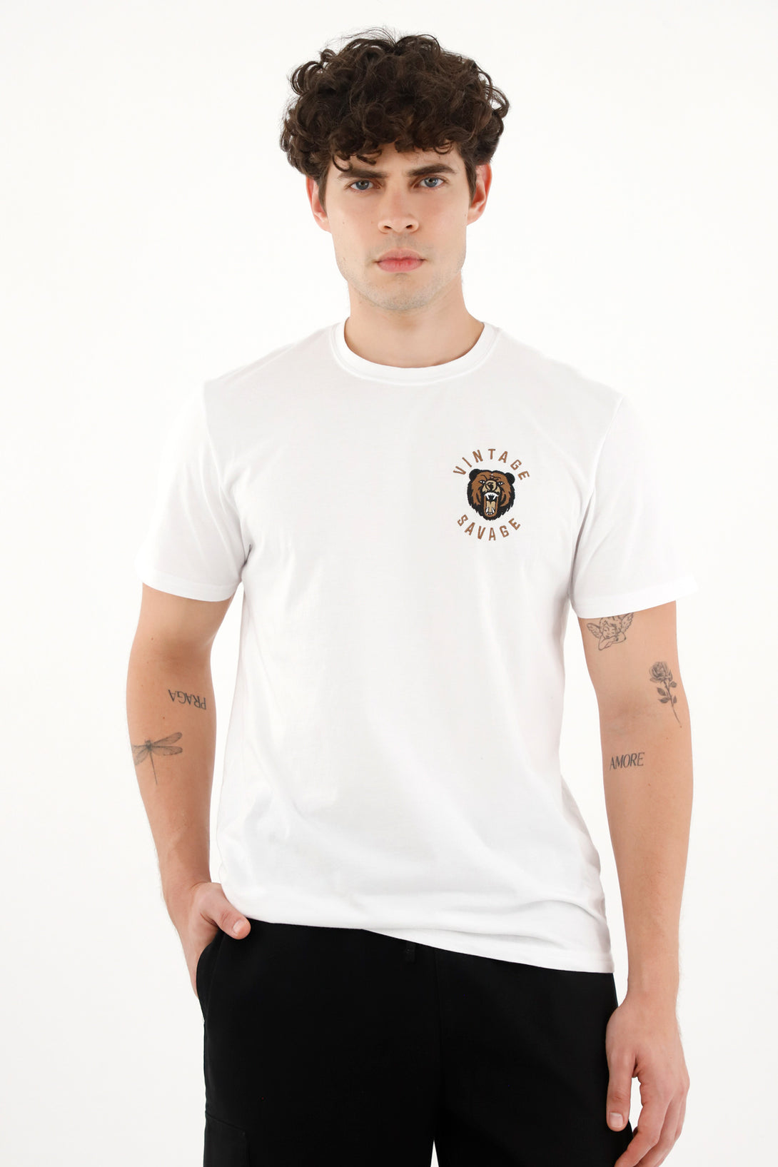 Men's white short sleeve shirt with embroidery