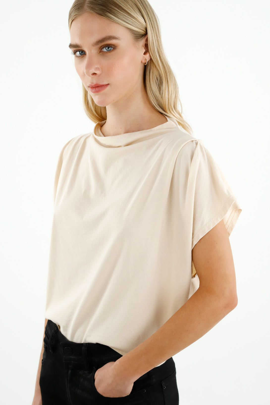 Women's Ecru Ruched Shoulder T-Shirt