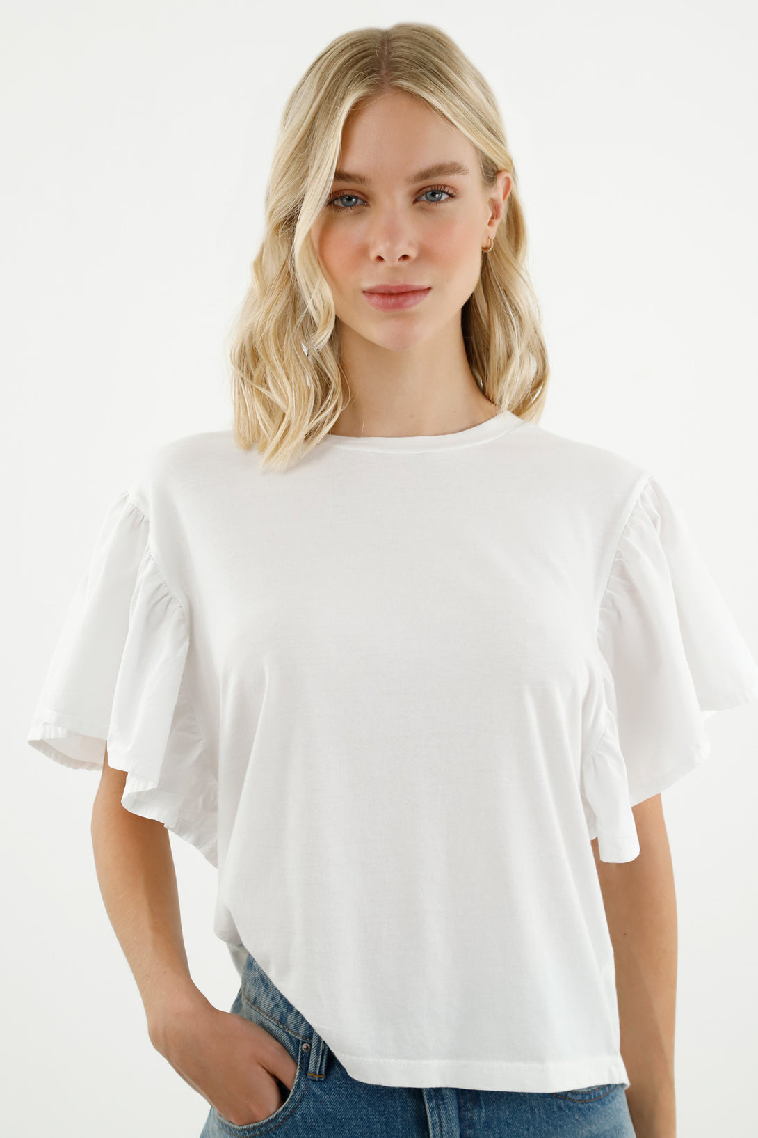 Women's White Ruffled Sleeve T-Shirt