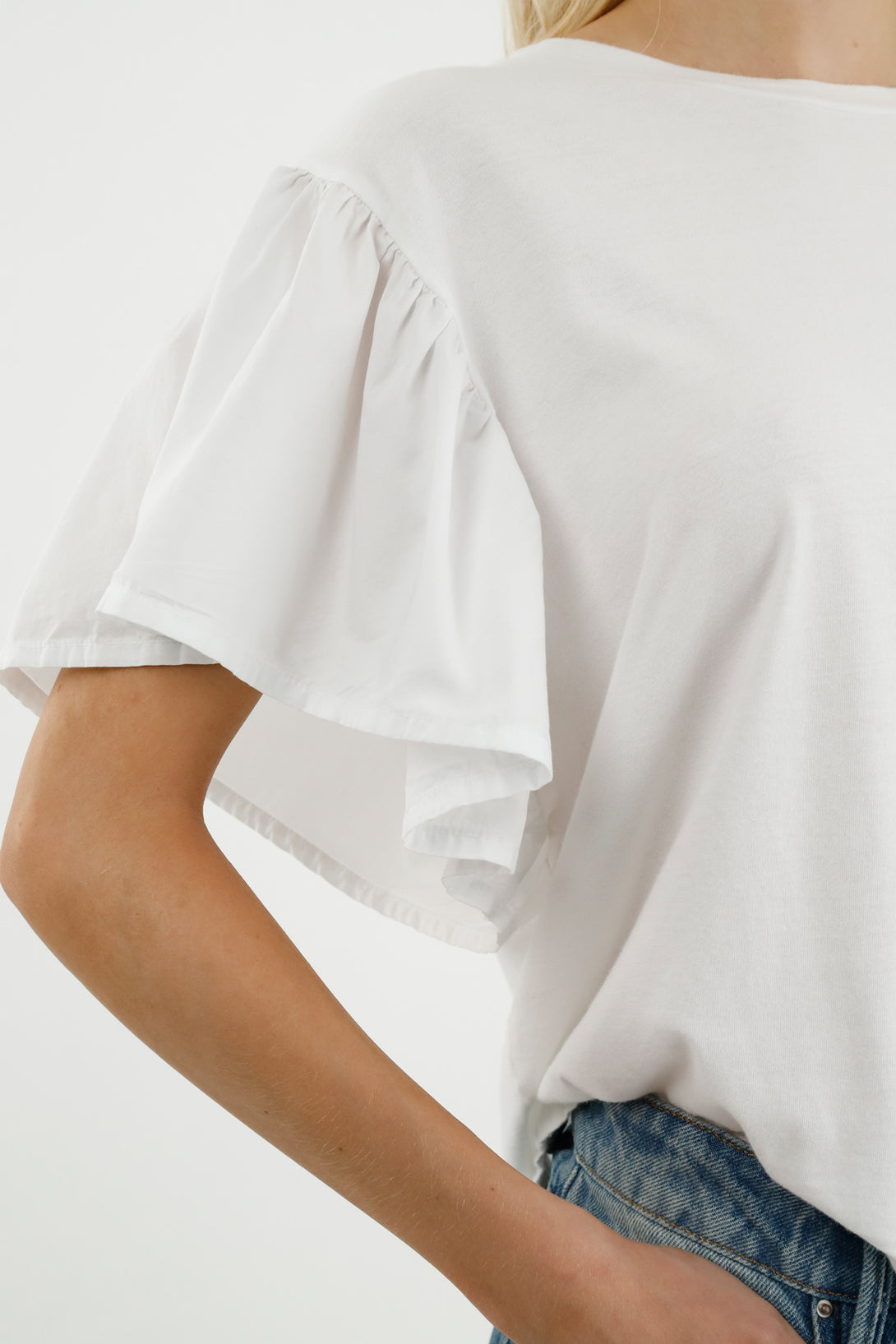 Women's White Ruffled Sleeve T-Shirt