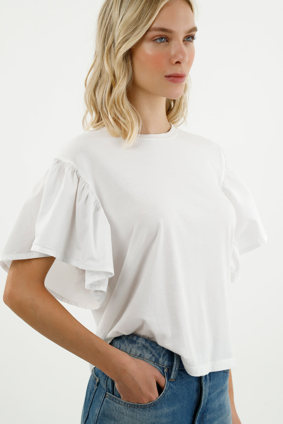 Women's White Ruffled Sleeve T-Shirt