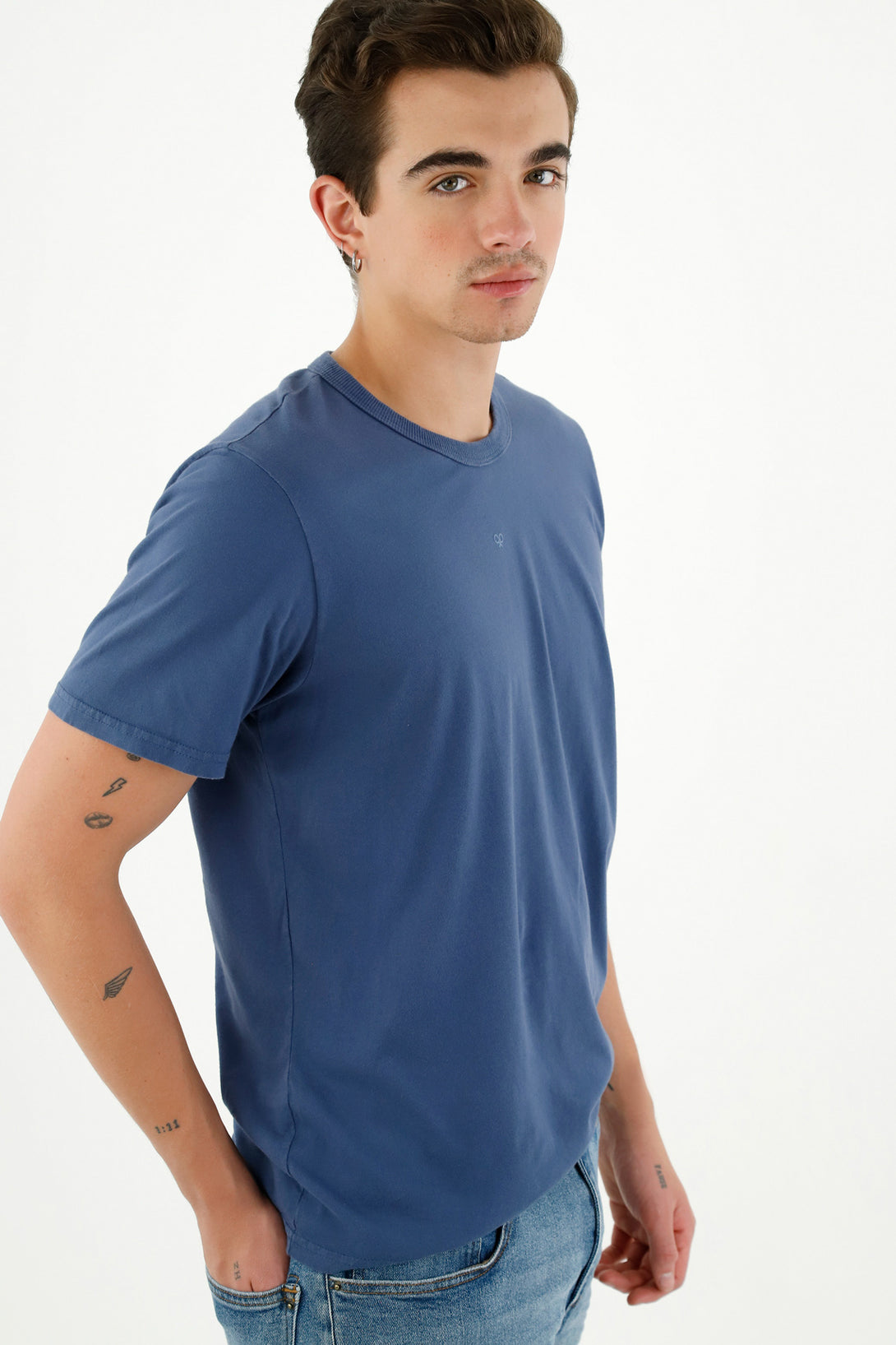 Men's Blue Ribbed Collar T-Shirt