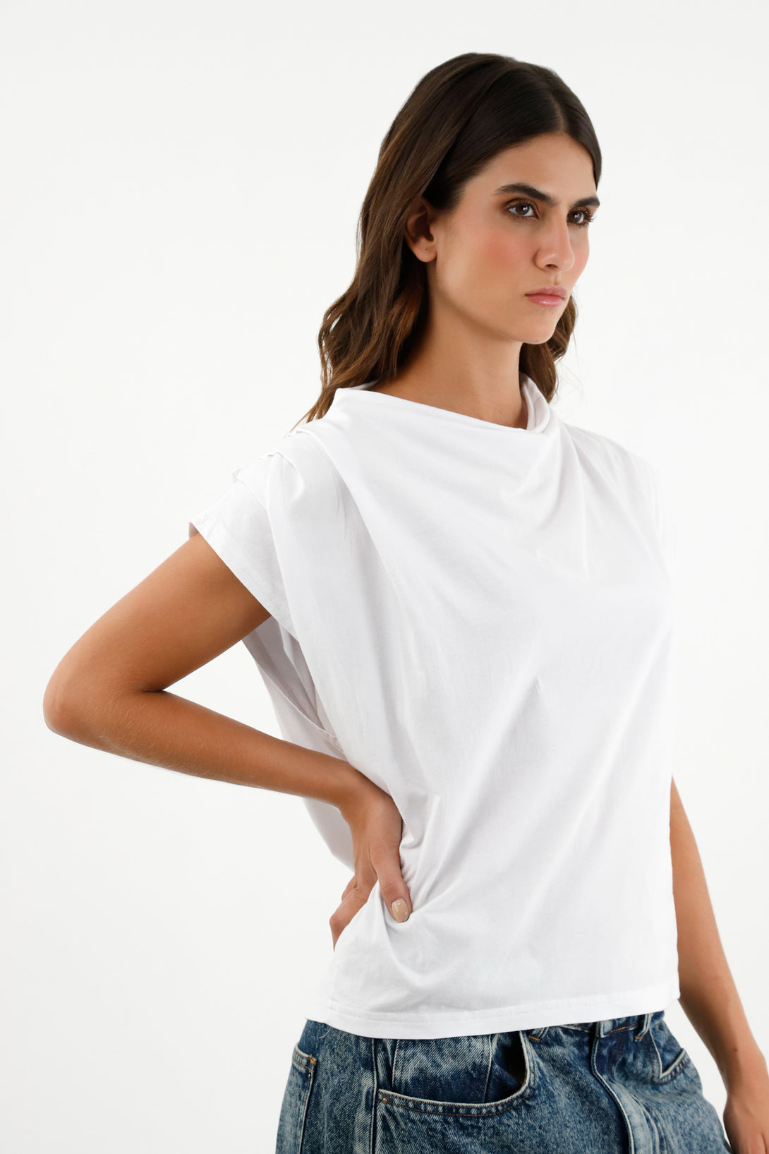 Women's White Pleated Sleeve T-Shirt