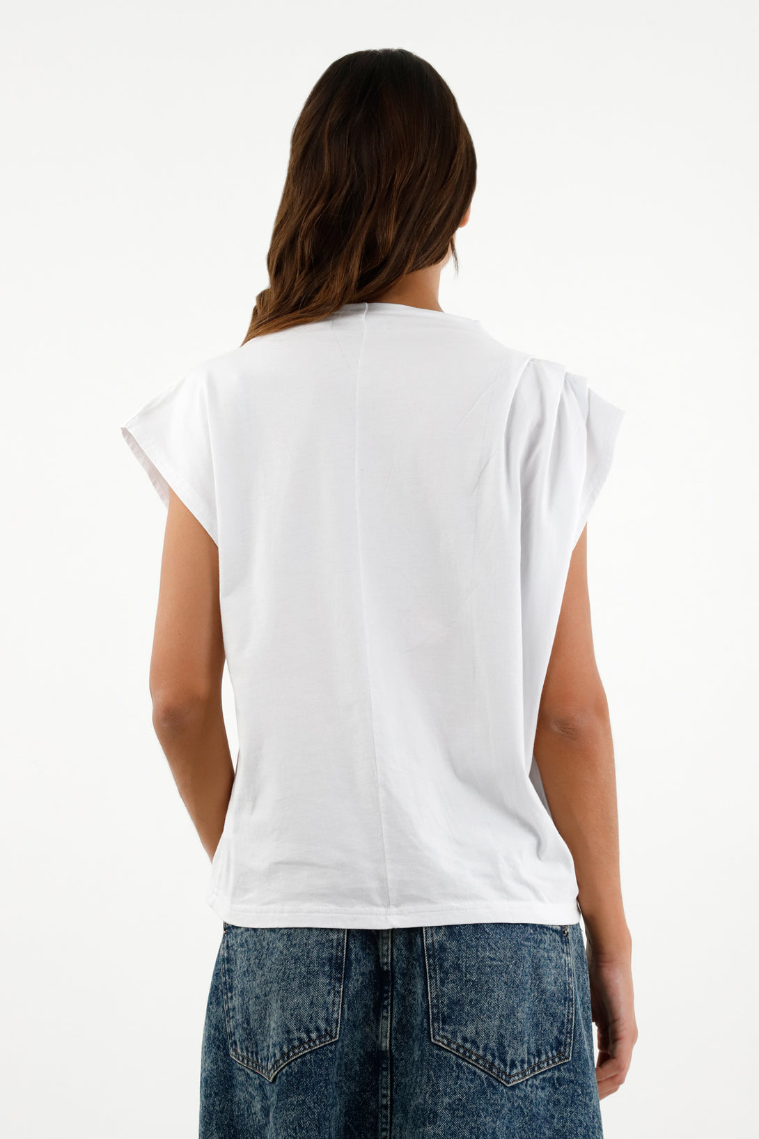 Women's White Pleated Sleeve T-Shirt