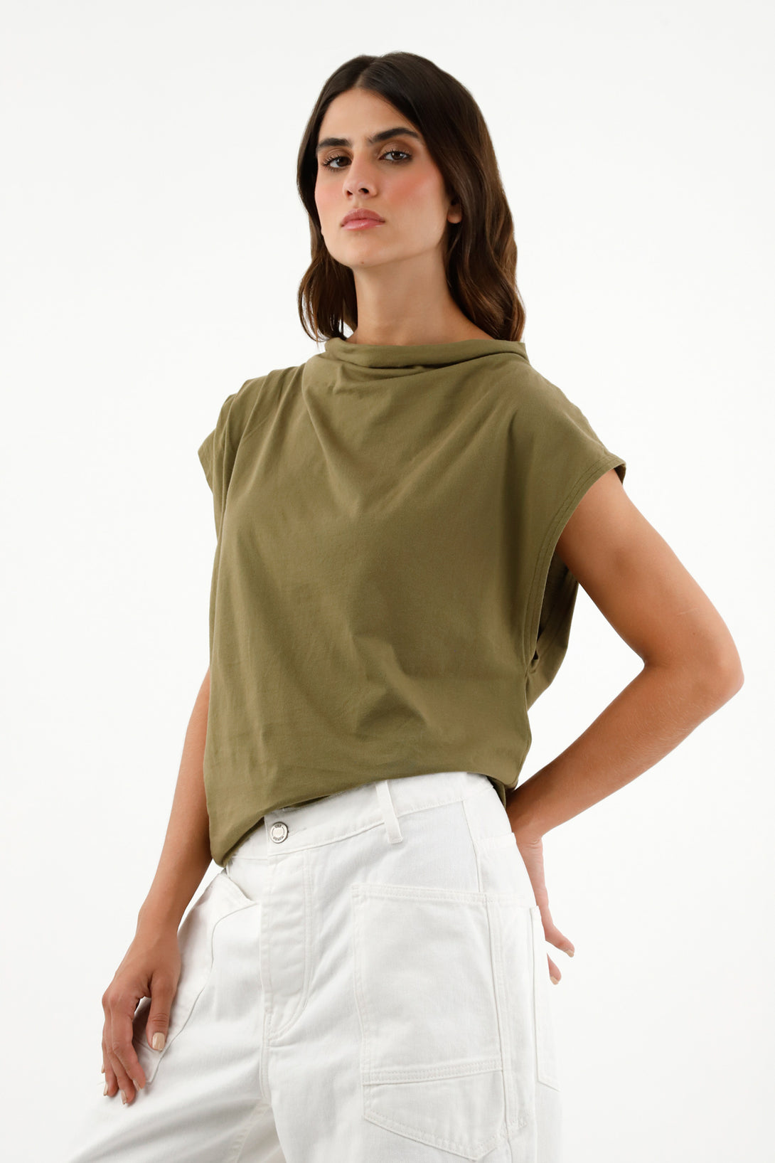 Women's Green Pleated Sleeve T-Shirt