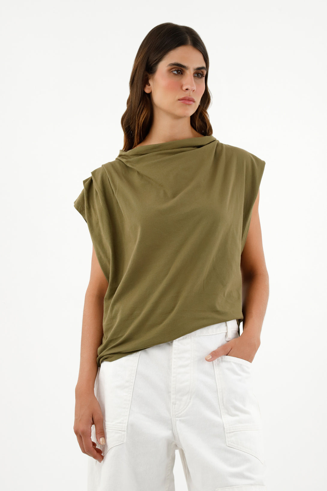 Women's Green Pleated Sleeve T-Shirt