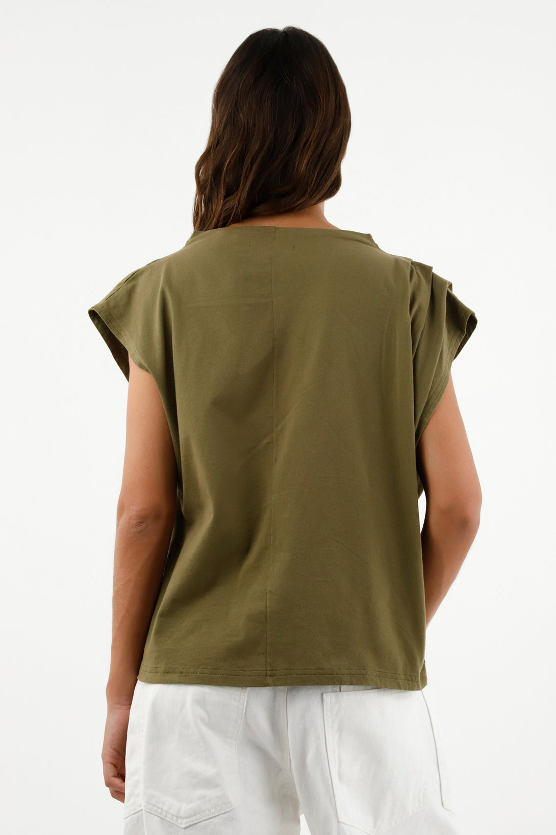 Women's Green Pleated Sleeve T-Shirt