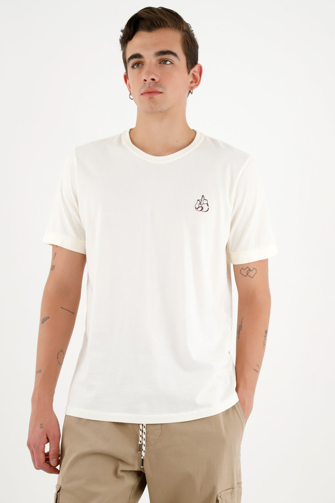 Men's Beige Tee with Mini Heart Embroidery