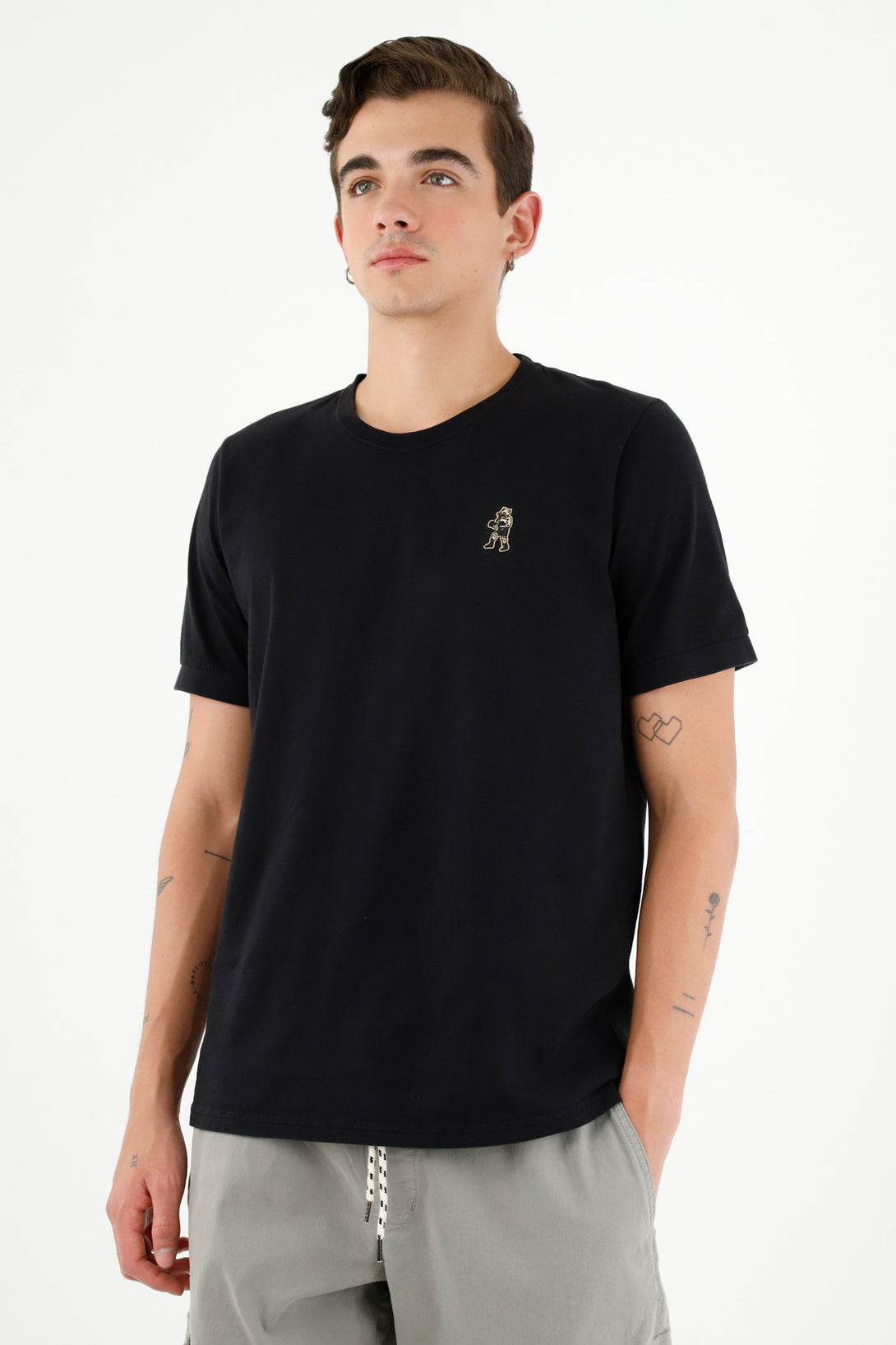 Men's Black Tee with Mini Heart Embroidery