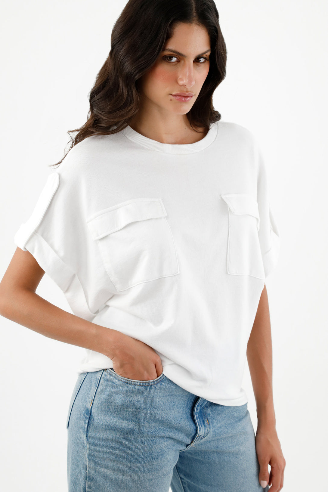 Women's White Rolled Shoulder T-Shirt