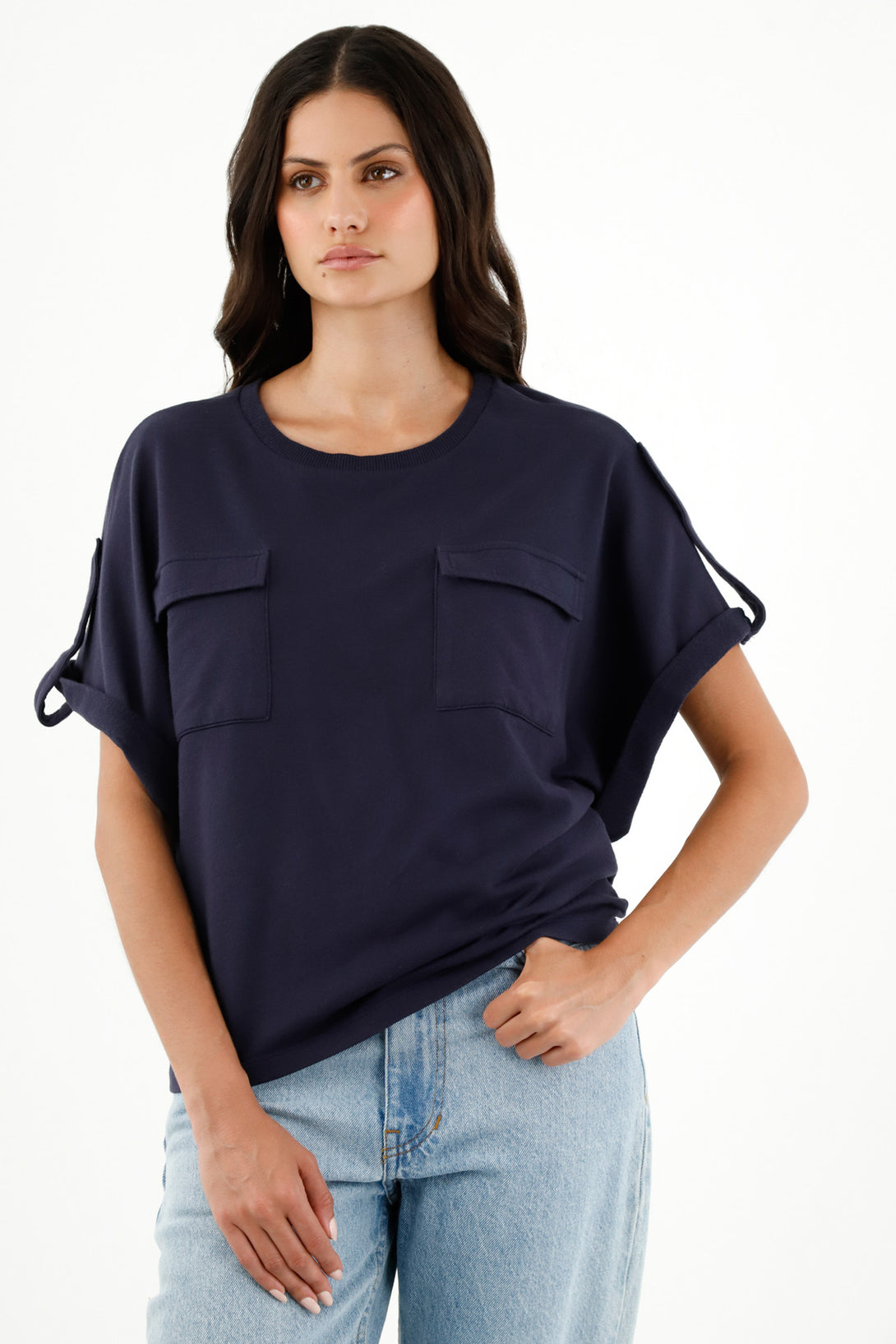 Women's Blue Rolled-Shoulder T-Shirt