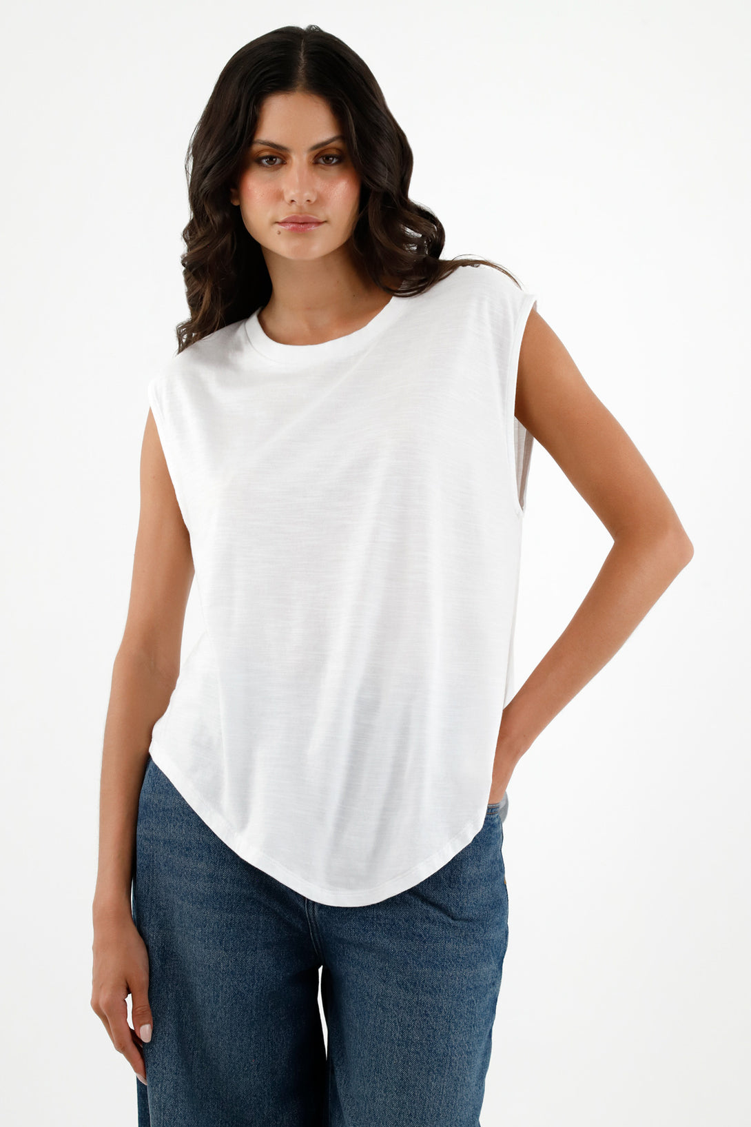 Women's White Ribbed Neck T-Shirt