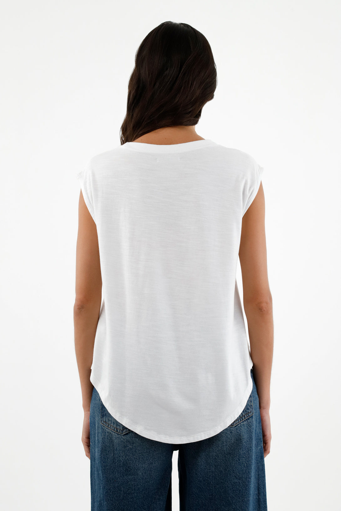 Women's White Ribbed Neck T-Shirt