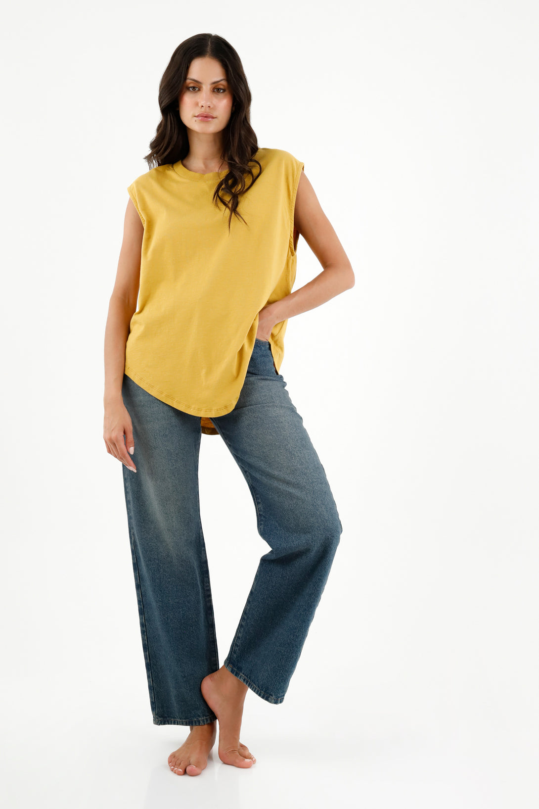 Women's Yellow Ribbed Neck T-Shirt