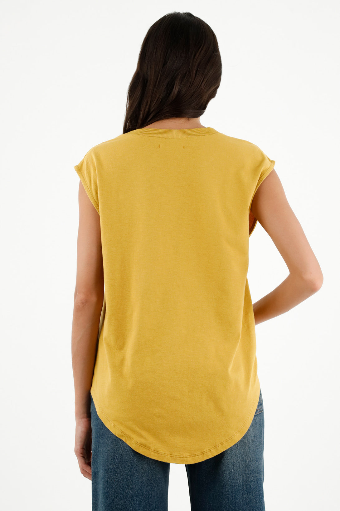 Women's Yellow Ribbed Neck T-Shirt