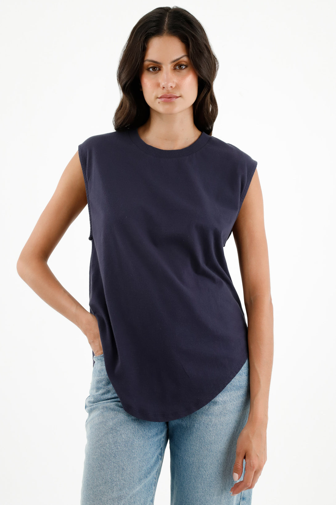 Camiseta azul cuello en rib para mujer