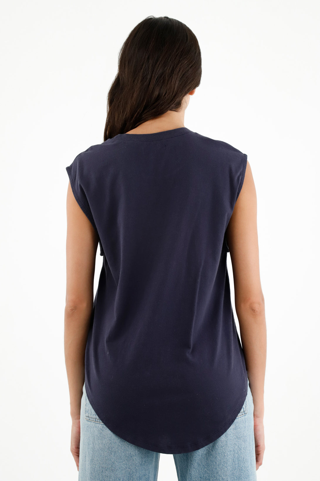 Camiseta azul cuello en rib para mujer