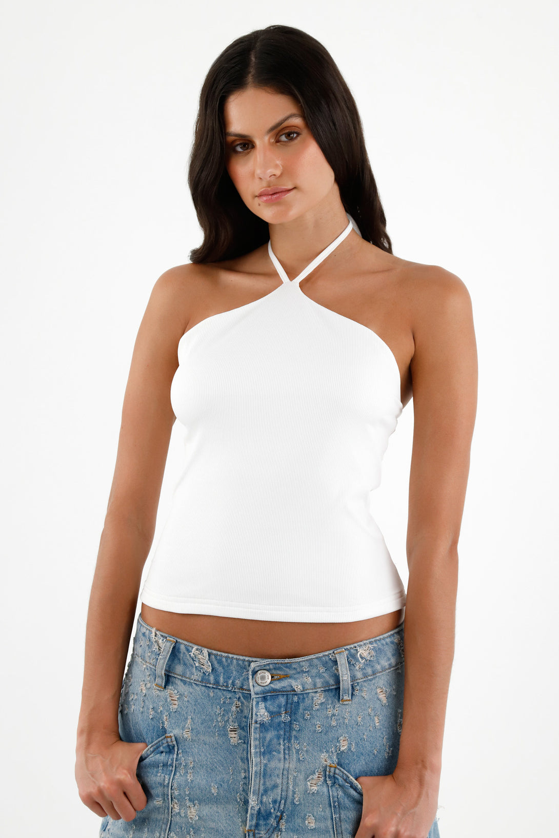 Women's Ecru Halter Neck T-Shirt