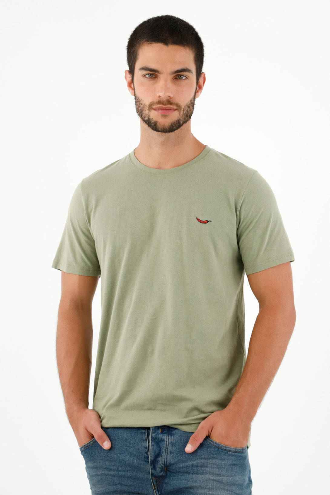 Camiseta verde con bordado en punto corazón para hombre